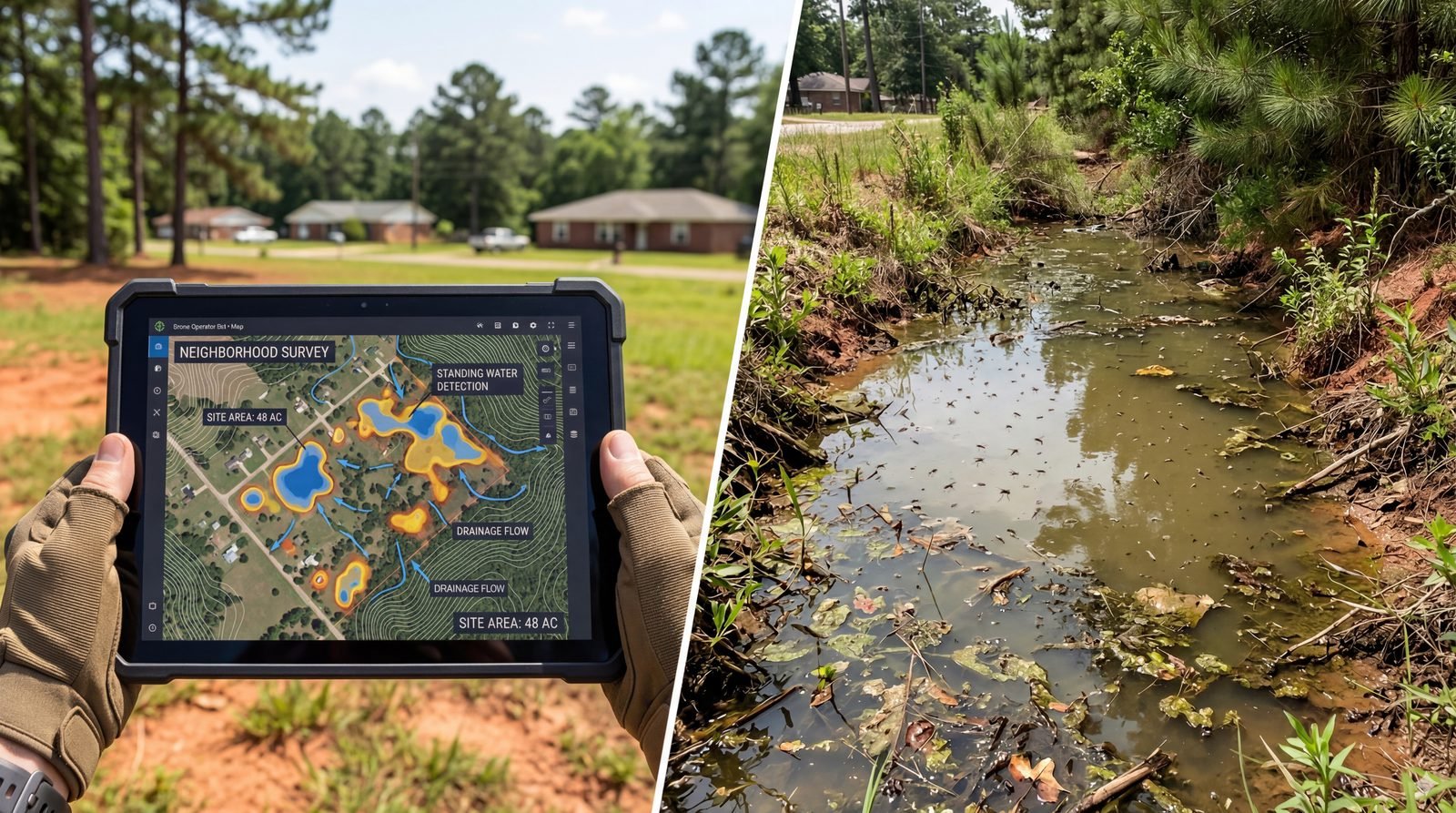 Drone mapping tablet identifying standing water alongside stagnant floodwater